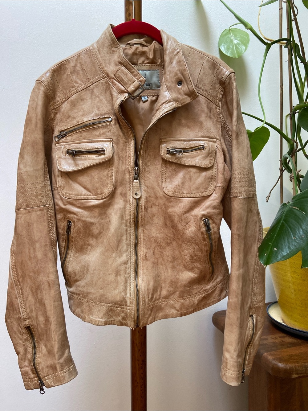 Bod and Christensen Cream Distressed Leather Moto Jacket